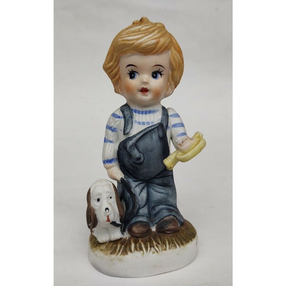 Vintage UCGC Young Boy Taking Care of a Dog Trumpet Porcelain Figurine Figure